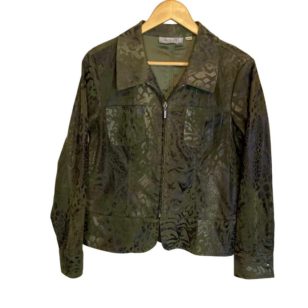 Birch Hill‎ Womens Size 6 Animal Print Jacket Olive Green Zipper Closure Pockets